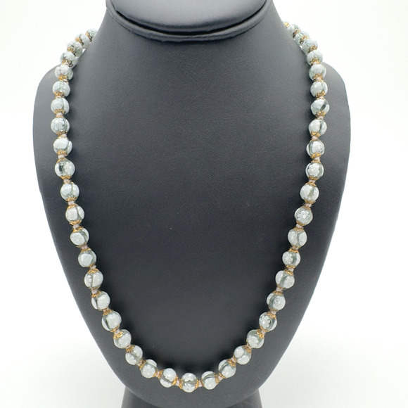 Vintage Jewelry - Vintage Venetian Glass Necklace Millefiori Beaded Gray White Hand Knotted NEW